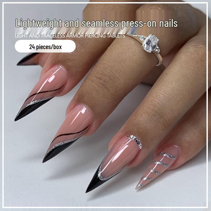 Bestseller 24-teilige Französische Schwarzkanten-Aufklebenägel mit gestreiftem Glitzer und Strasssteinen