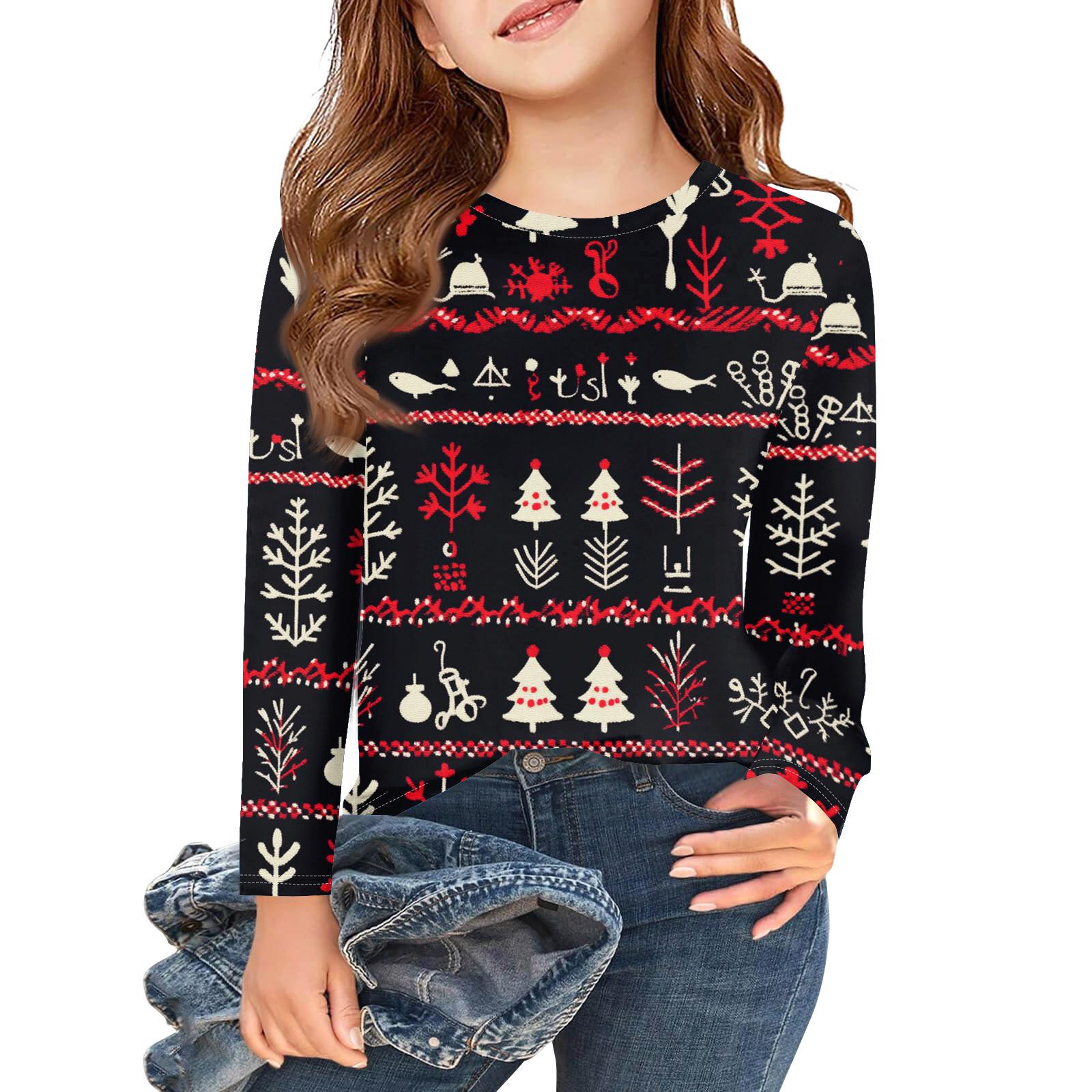 

Рождественские футболки с длинным рукавом для девочек, детские осенние топы с круглым вырезом и принтом, базовые футболки 120