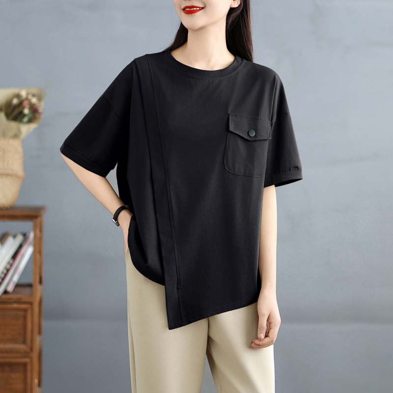 Dimanaf 2025 Nou Tricou de Vară pentru Femei Mărimi Mari Gât O Mânecă Scurtă Larg Topuri de Bază Casual Tricou Asimetric