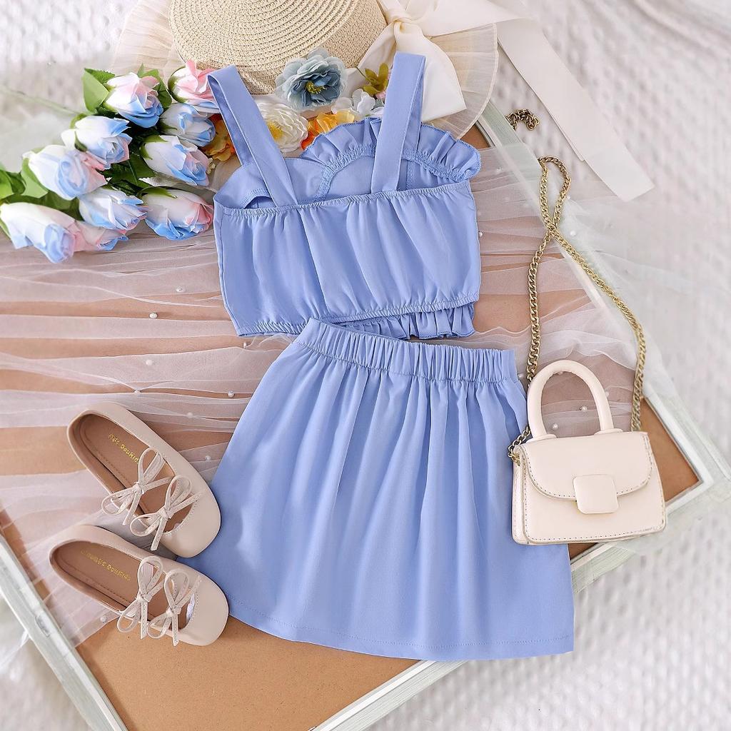 Girls' Sweet Set Summer Children's Fashion Solid-color Strappy Top + Short Skirt Set