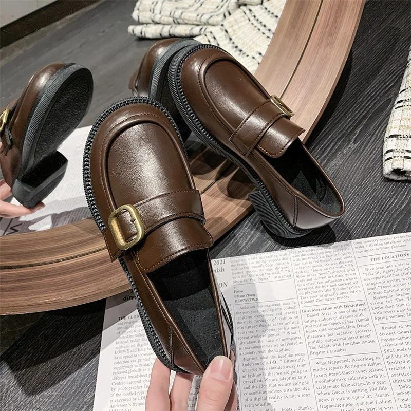 Fashion Black Ladies Leather Shoes Elegant Retro British Style Footwear Thick Soled Buckle Loafers Fashion Casual Women's Flats Zapatos
