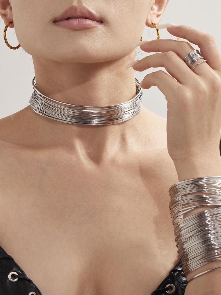Oumaijia Edelstahl Drahtumwickter Choker & Offener Armreif - Europäischer & Amerikanischer Punk-Stil Schmuck