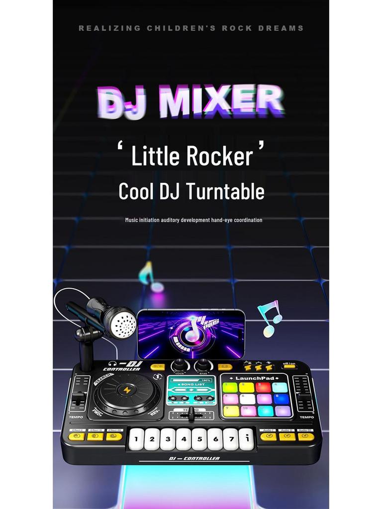Toca-discos DJ Bluetooth Infantil com Percussão, Luzes e Microfone – Brinquedo Musical Multifuncional
