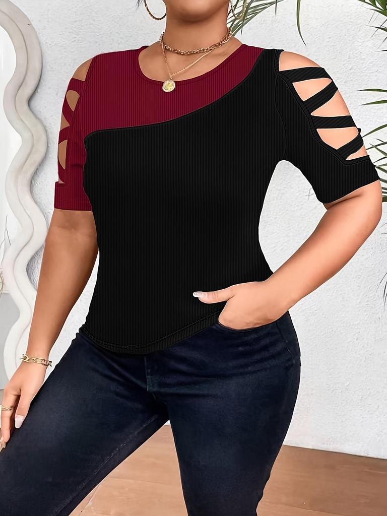 Damski Top Kolorowy Blokowy Z Odkrytymi Ramionami, Krótki Rękaw, Wyszczuplający, Elastyczny, Duży Rozmiar