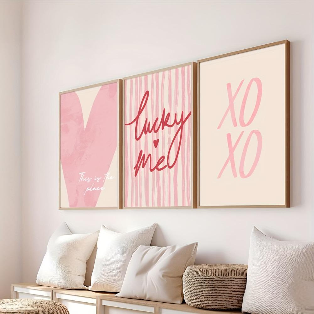 3 peças Coração Listrado Rosa Sem Moldura Lucky Me Poster de Moda Y2k Tela de Impressão para Parede Preparatória Decoração Estética para Quarto de Menina Simples