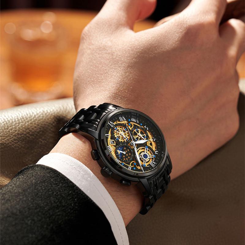 Ceas de mână elegant cu schelet pentru bărbați, cu mecanism quartz: Luminos, Rezistent la apă, Brățară din oțel