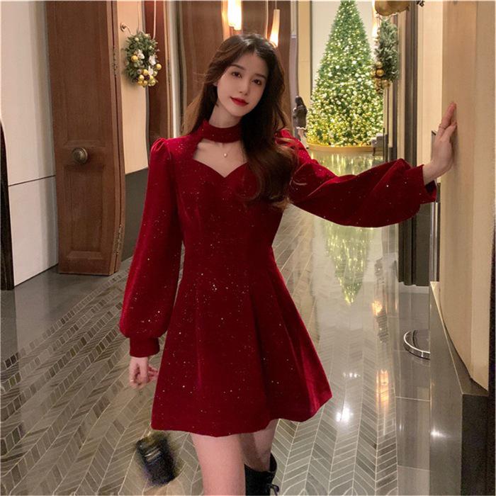 New Year Red Velvet Waist-Cinching Zodiac Dress - Elegant & Sexy Spring Design for Women XL красный