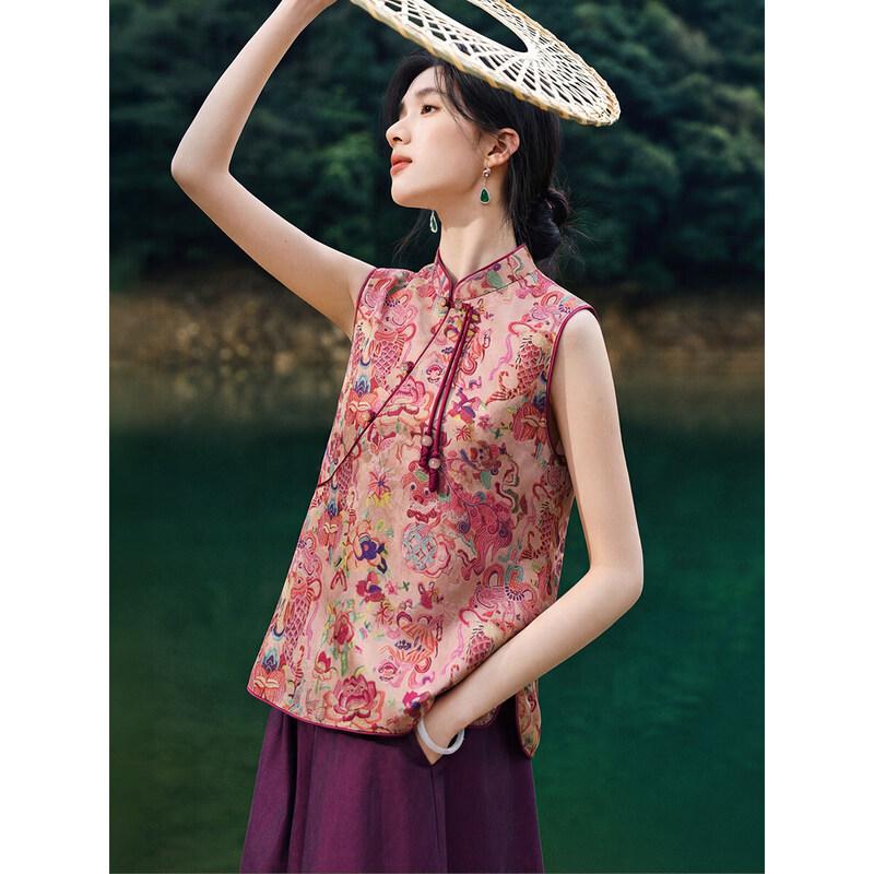 XWI Women's New Chinese Style Jacquard Sleeveless Pankou Vest