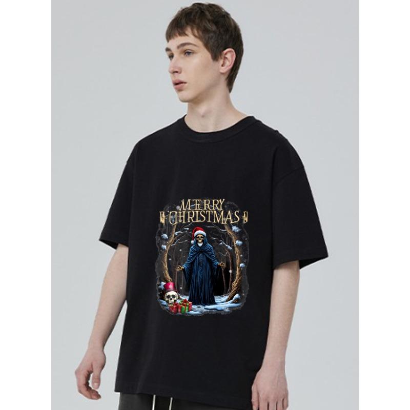 Black T Shirt with Grim Reaper Christmas Design and Merry Christmas Text for Holiday Season