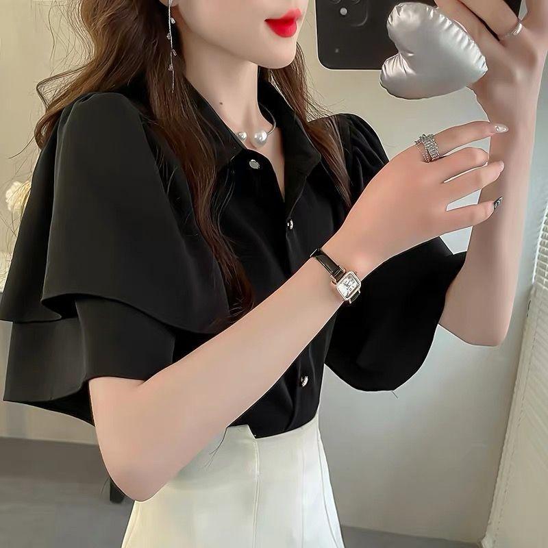 French Lady's Summer Loose Shirt Women's Loose Blouse Solid Color Fairy Style Ruffle Short Sleeve Chiffon Top