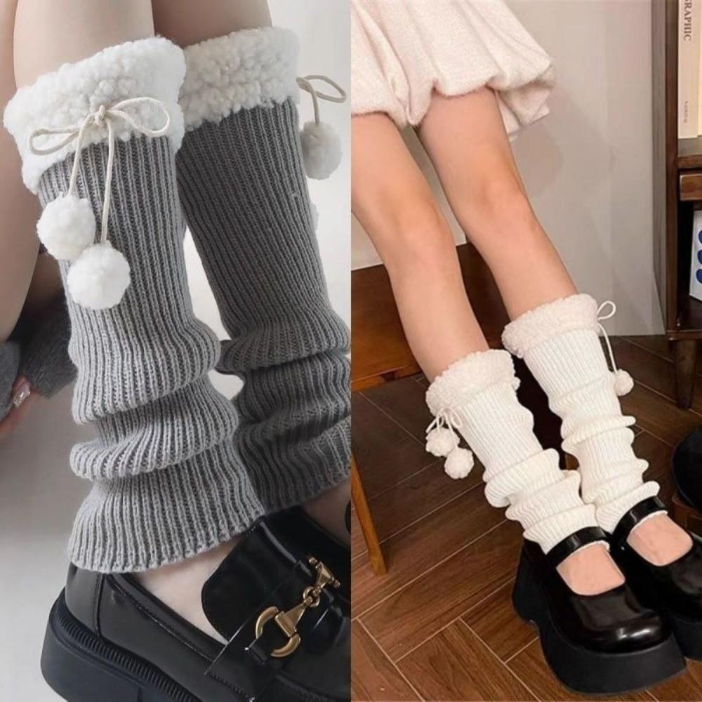 1pair Fuzzy Ball Knitted Leg Warmers Solid Color Winter Foot Cover Cute Mid-Calf Length Socks  Girl