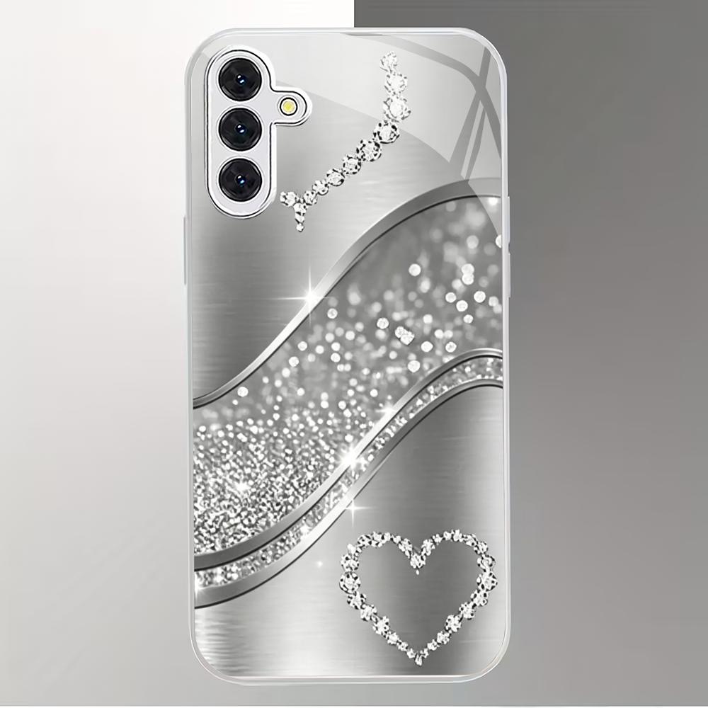 Silver Flash Love Wind Glass Phone Case Suitable for Samsung Galaxy S26 S25 S24 S22 S21 S20 FE/Ultra/Plus Anti Drop Back Cover