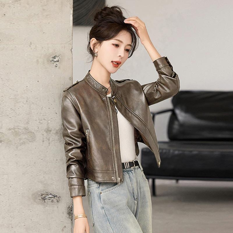 Leather Jacket Women's Short Spring and Autumn New Temperament Thin Stand-up Collar Locomotive Jacket Top