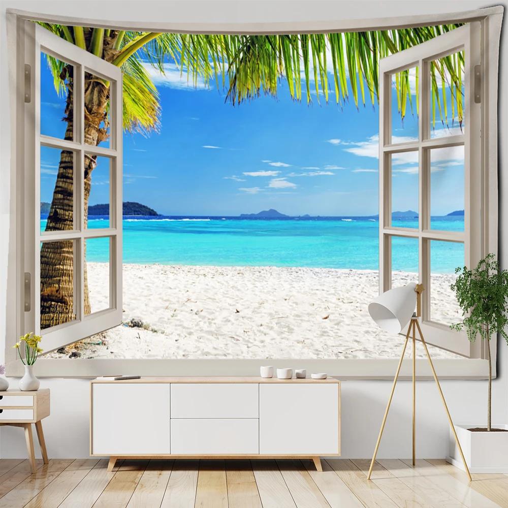 Sunset Coconut Tree Seaside Scenery Tapestry Bohemian Style Aesthetics Room Background Cloth Tapiz Decor