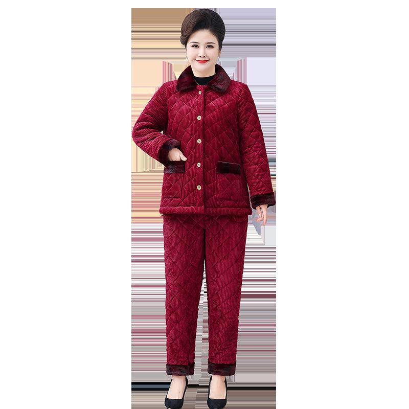 Plus Size Fleece-Lined Maternity Winter Pajama Set for Middle-Aged and Elderly Women