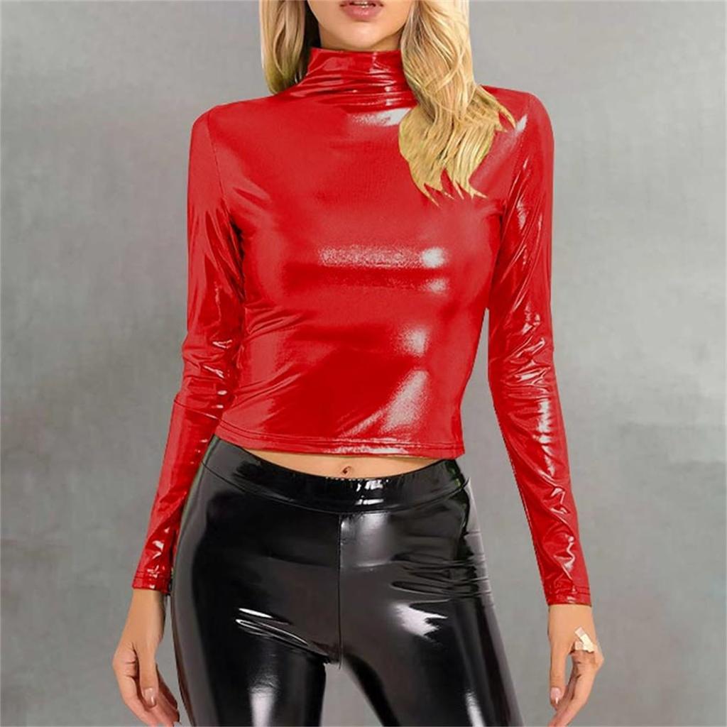Women's Fashionable Color High Neck Long Sleeved Exposed Navel Sexy Tight Fitting Performance Outfit Top