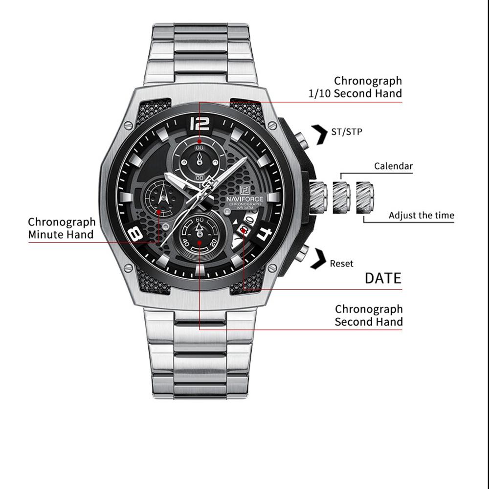 Naviforce Watch for Men Calendar Chronograph Stainless Steel Strap Luminous Waterproof Fashion Casual Outdoor Sports Men's Wristwatch NF8051S