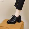 Women's 2025 Black British Style Waterproof Platform Chunky Heel Lace-up Loafers with Two-Wear Deep Mouth Design.