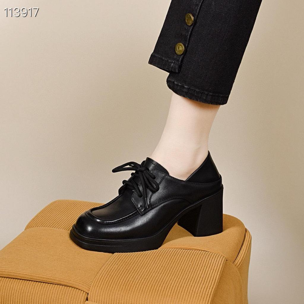 Women's 2025 Black British Style Waterproof Platform Chunky Heel Lace-up Loafers with Two-Wear Deep Mouth Design.