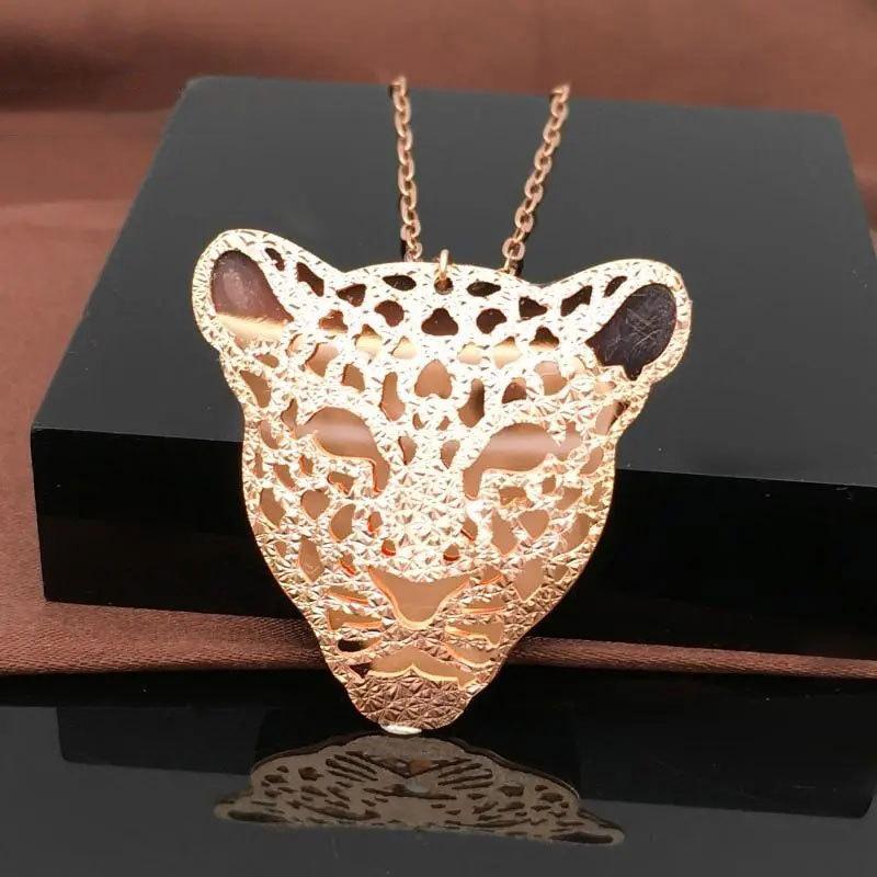 Exquisite Rose-Plated Hollow Big Leopard Head Pendant Russian Purple Gold Women'S Luxury Personalized 585 Colored Gold Necklace