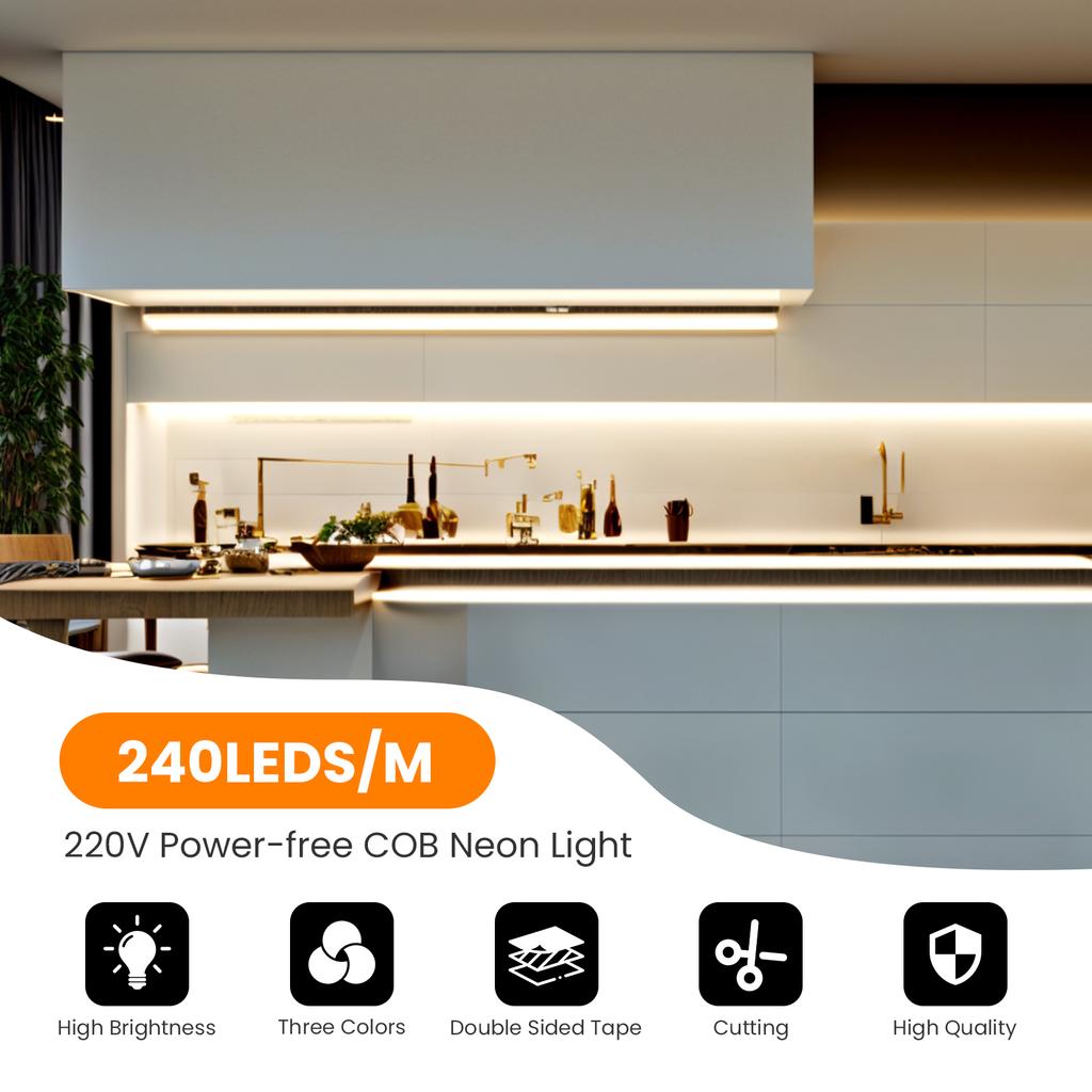 220V Dimmable COB LED Neon Strip Light Waterproof Outdoor Flexible Tape RA90 240LEDs/M with Switch Dimmer Plug