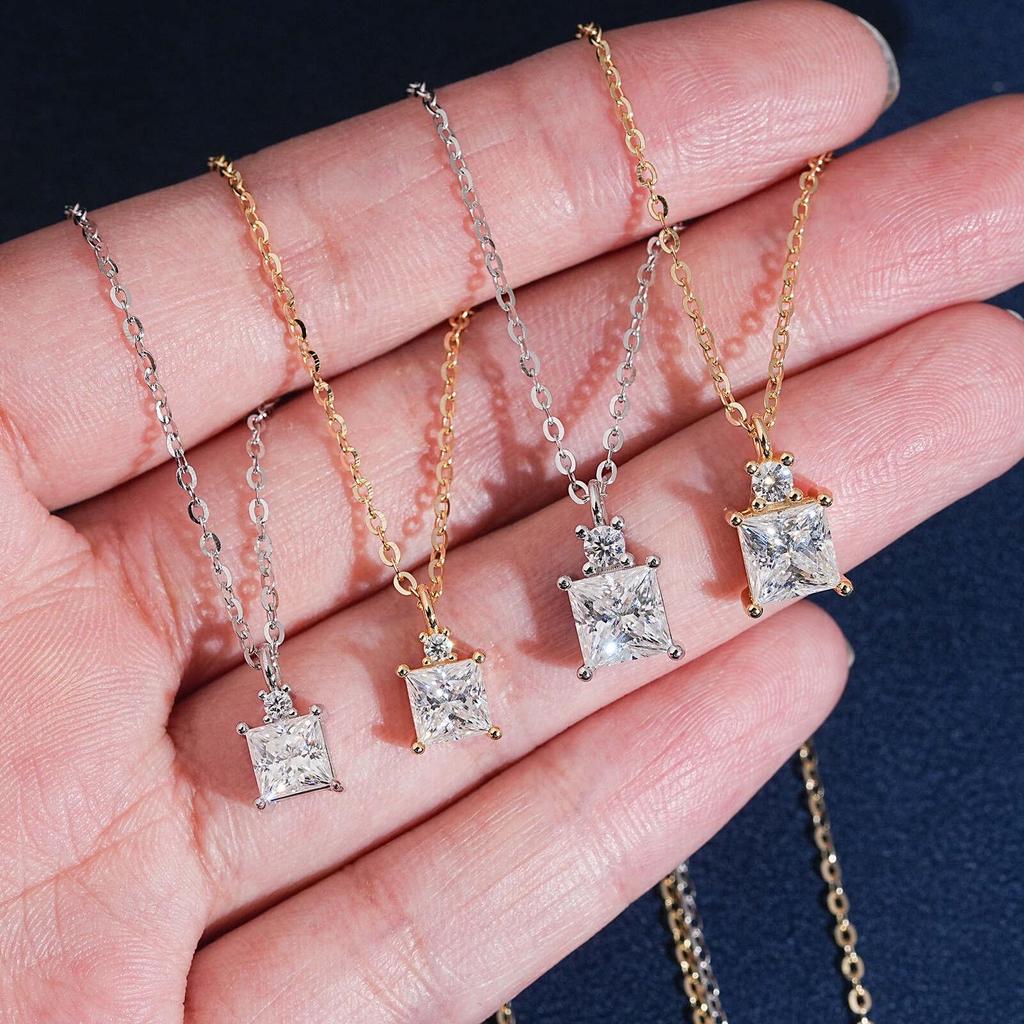 Super Shiny Princess Cut Moissanite Square Necklace, 1/1.5 Carat, Light Luxury Clavicle Chain, Elegant European & American Style Jewelry