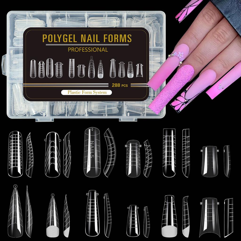 96pcs Stiletto Coffin Clear Dual Forms False Tips Quick Building Gel Mold Nail Art Tools Full Cover Nail Extension Forms Top