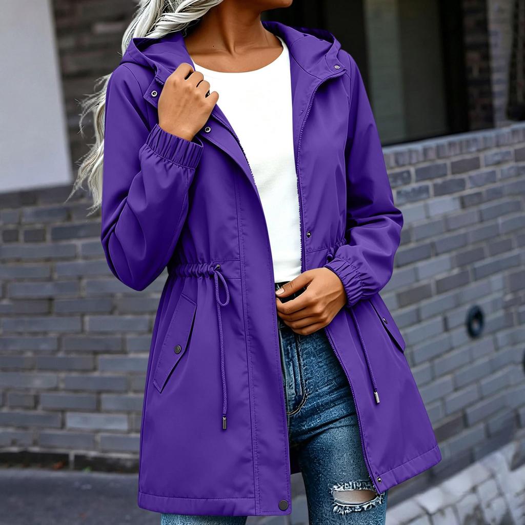 Damen Kapuzenjacke Mittellang Lässiger Lockerer Schnitt Windbreaker Mantel mit Verstellbarem Bundzug und Druckknopfleiste vorne