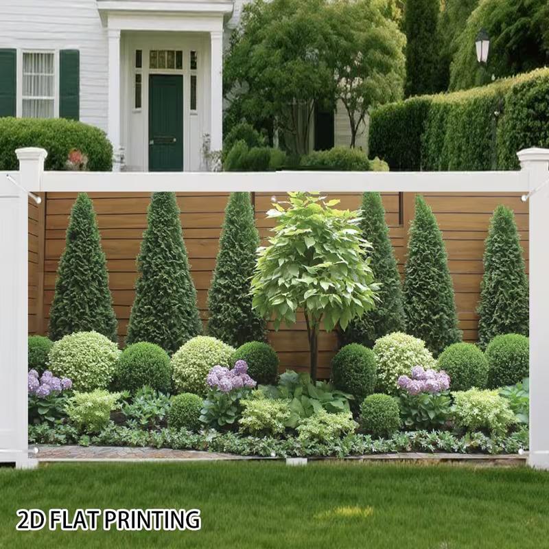 2D American Suburban Yard Evergreen Tree Purple Flower Portrait Backdrop 47.2x31.5inch/120*80cm