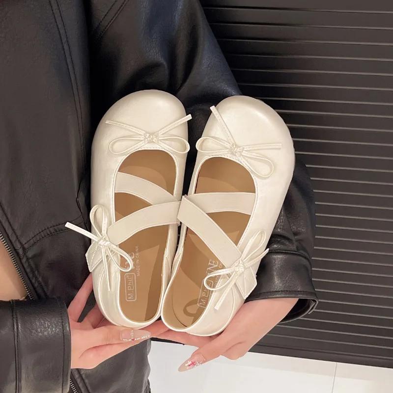 Retro Versatile Round Toe Buckle Strap Shoes for Women 2025 New High Quality Concise Butterfly-knot Soft Bottom Women's Flats