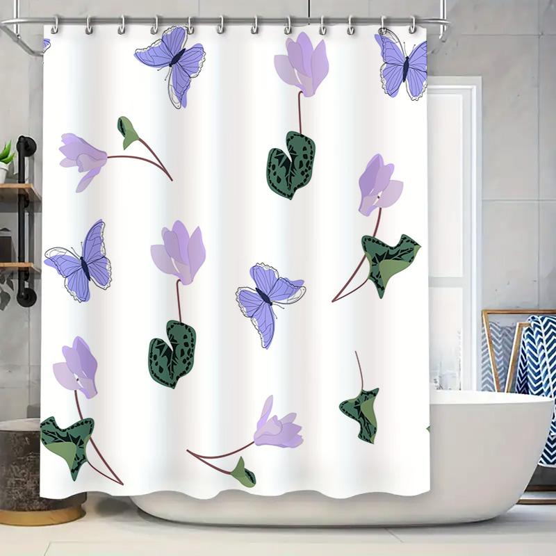 

White Black Shower Curtain Featuring Purple Flowers With Butterfly Design For Home Bathroom Decor Perfect Gift Idea! (Medium Siz W60H190(CM)-1 Pcs