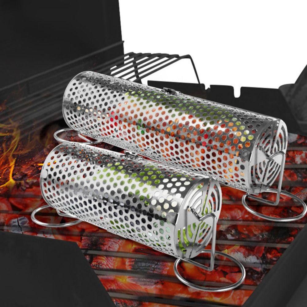 Stainless Steel Barbecue Cage Cylinder Barbecue Grill Tube Net Portable BBQ Basket  Party