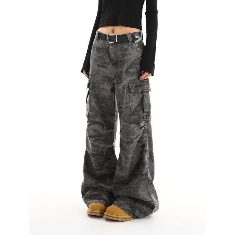 Unisex Retro Camouflage Wide-Leg Jeans with Big Pockets X-Large камуфляжный