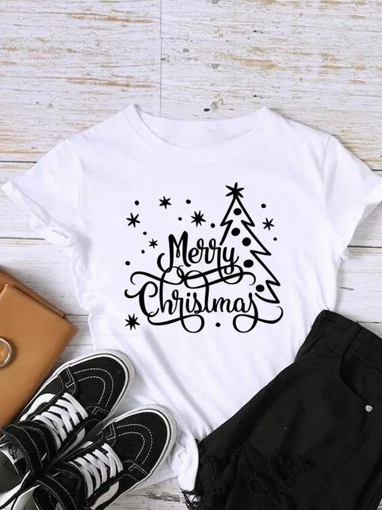 Christmas Womens Round Neck Short Sleeved Christmas Tree Reindeer Print Womens Loose Oversized Comfortable White Tshirt