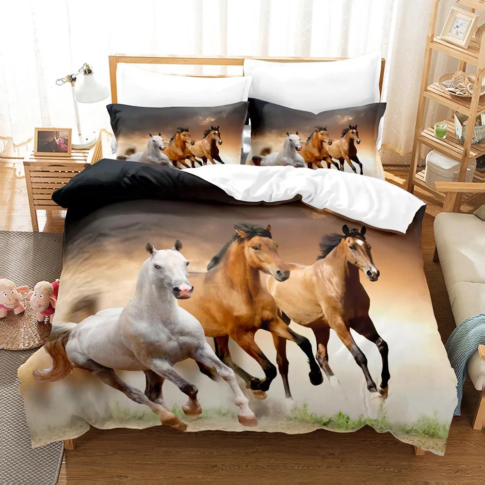 Horse Duvet Cover Set White and Brown Horse Print Bedding Set Wild Animal Pattern Farmhouse Cowboys Queen Polyester Quilt Cover