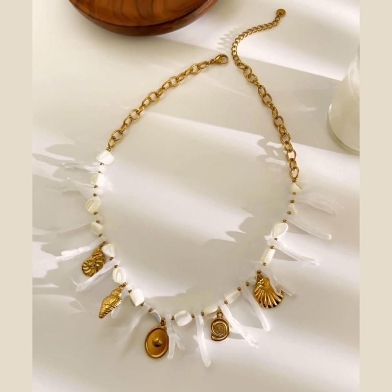 Sea Starfish Coral Shell Beaded Necklace Lightweight Stainless Steel Acrylic Stackable Jewelry For Daily Wear