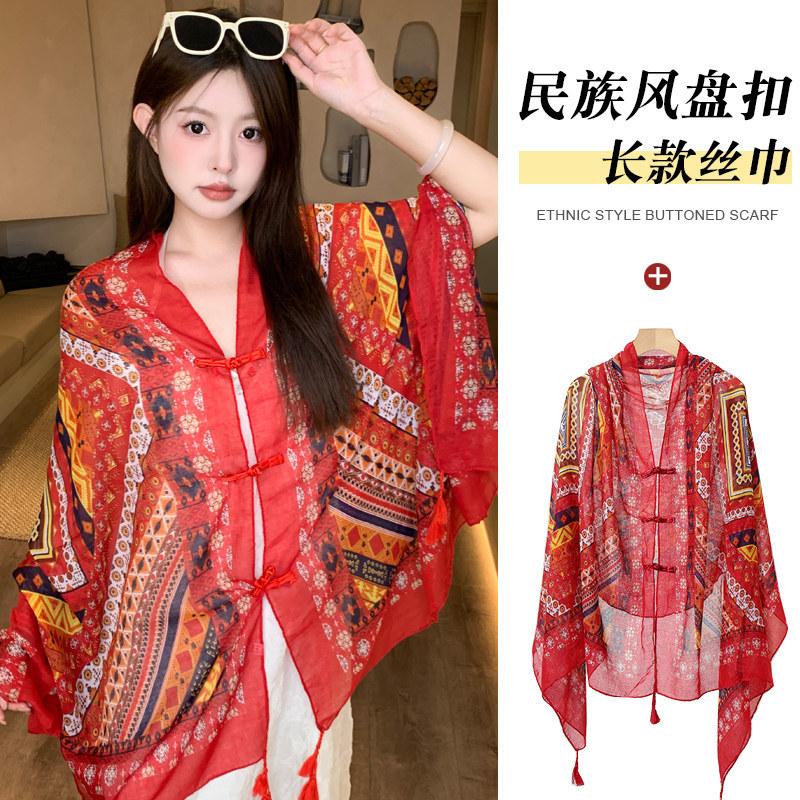 Small fresh white floral silk scarf women's summer travel buckle sunscreen large shawl beach towel thin yarn scarf scarf