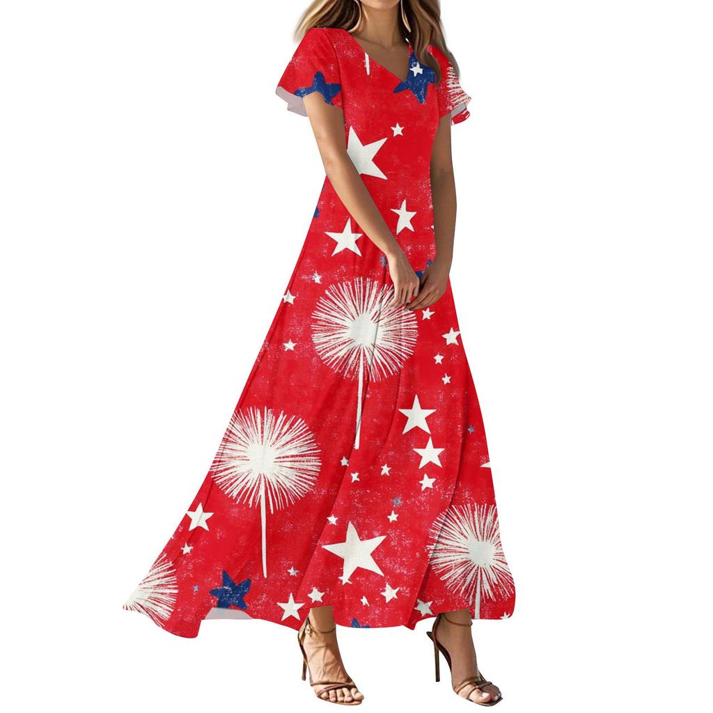 Women's Independence Day Printed Casual Fashion Dresses V-Neck Short Sleeve Dresses