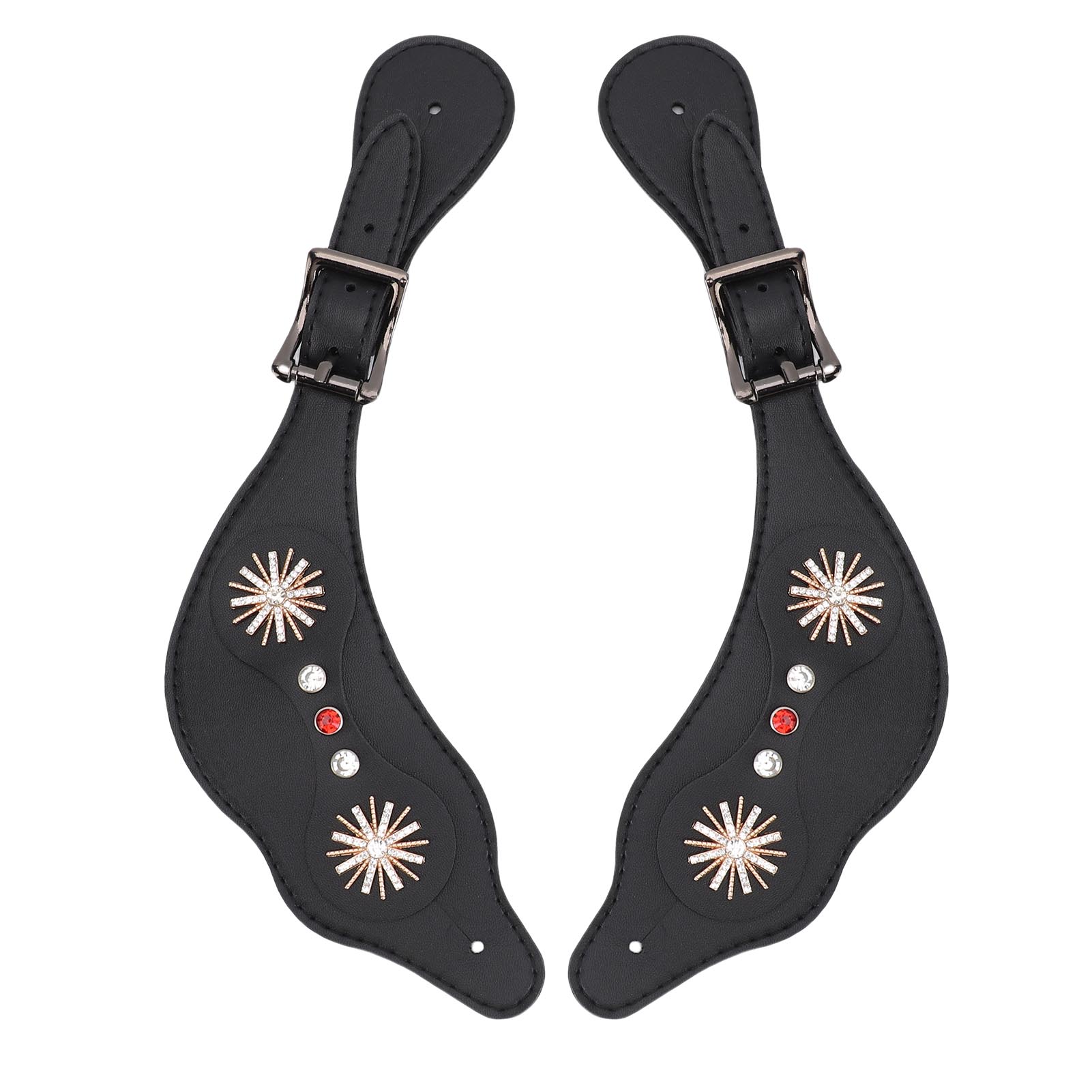 Konnwei Black Spur Straps Western Rhinestone Floral Boots Vintage Spur Straps For Horse Riders Adjustable Length Handcrafted