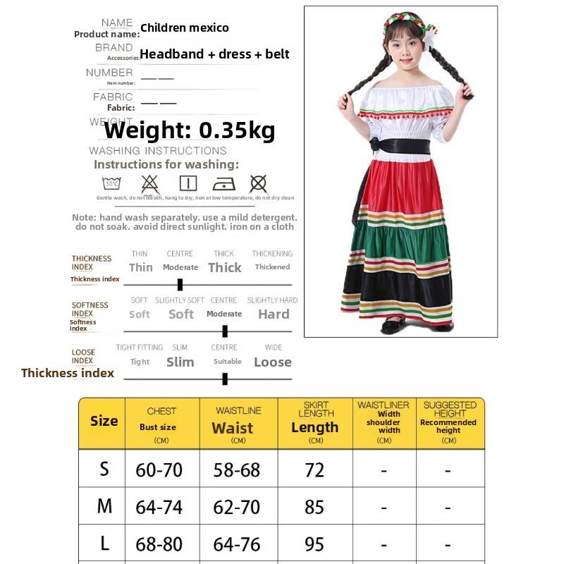 Children's Mexican Long Skirt Stage Performance Costume Children's Day Mexican Little Girl National Performance Costume