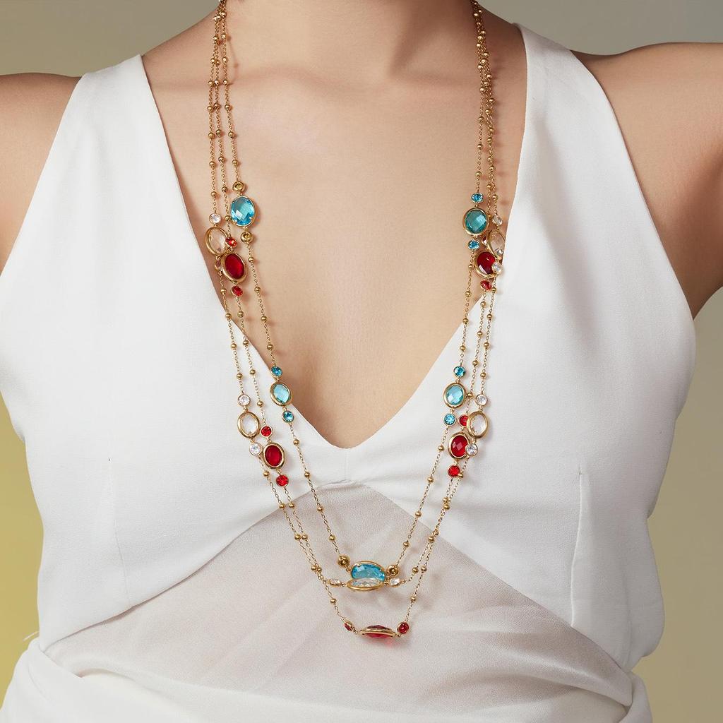 18K Gold-Plated Stainless Steel Jewelry Set: Bead Chain Necklace & Earrings with Oval Bezel Faceted Glass Stone.
