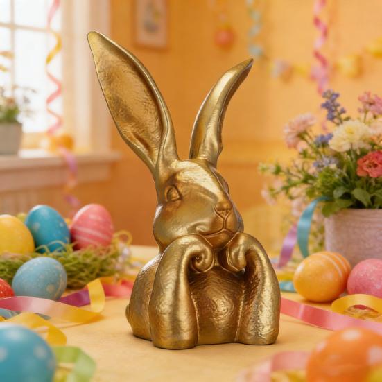 Easter Bunny Figurine Golden Resin Rabbit Statue Cute Bunny Holding Face Tabletop Ornament for Spring Tiered Tray Shelf Table Centerpiece