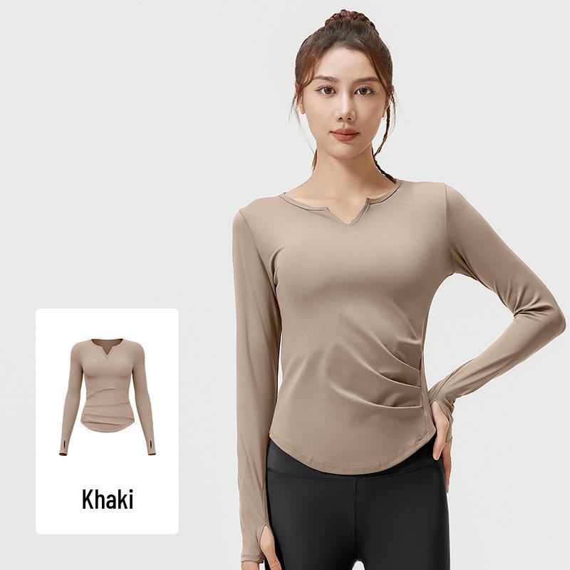 Juyitang Seamless V-Neck Long-Sleeve Yoga Suit with Pleated Waist and Slim-Fit Top