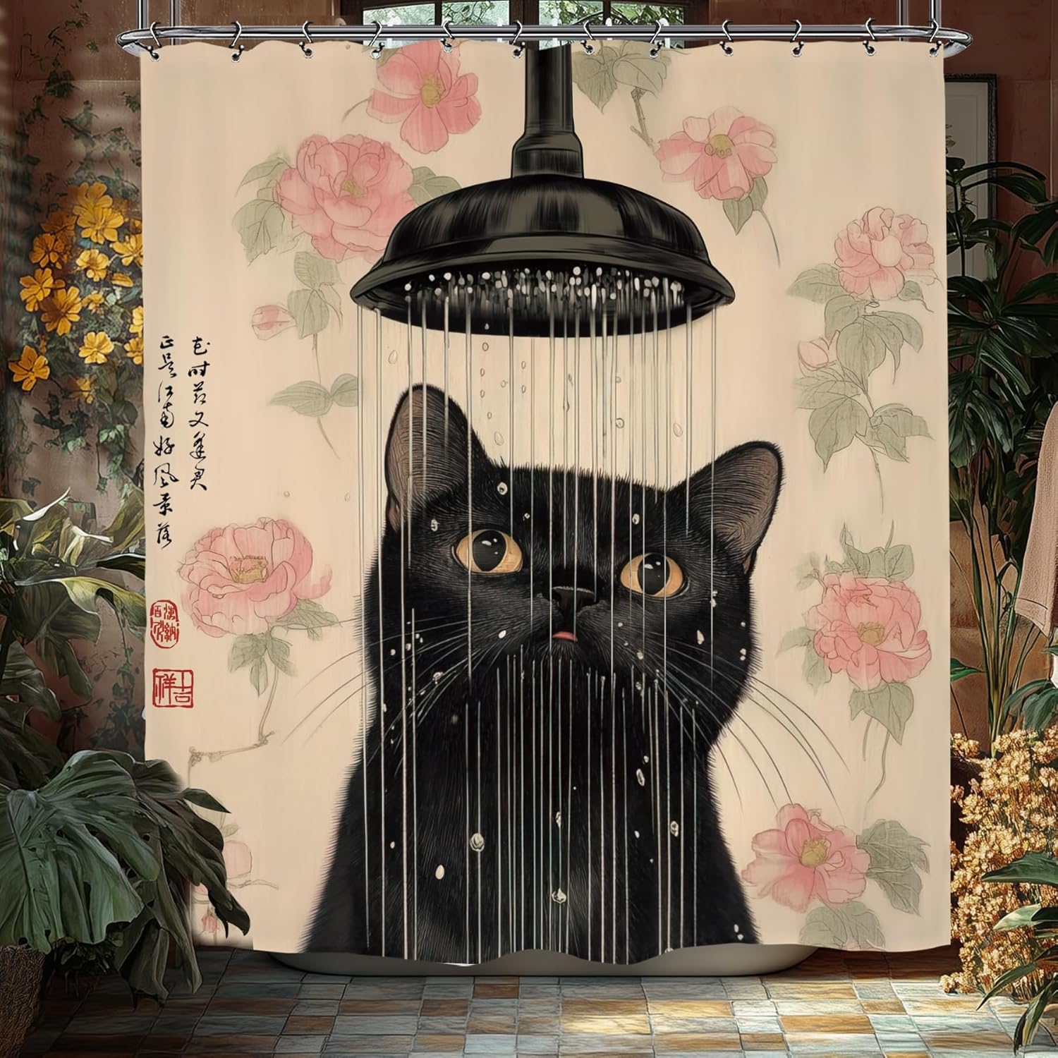 

Funny Cat Shower Curtain Hilarious Animal Vintage Artistic Comedic Waterproof Bathroom Decor With Hooks Home Accessory W60H190(CM)-1 Pcs