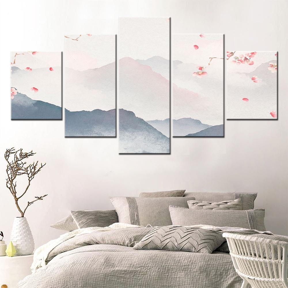 

5 Pieces Canvas Wall Arts Illustrated Landscape Hazy Hills Cherry Trees Poster Modern Home Decor Modular Picture Living Room 20x35 20x45 20x55cm