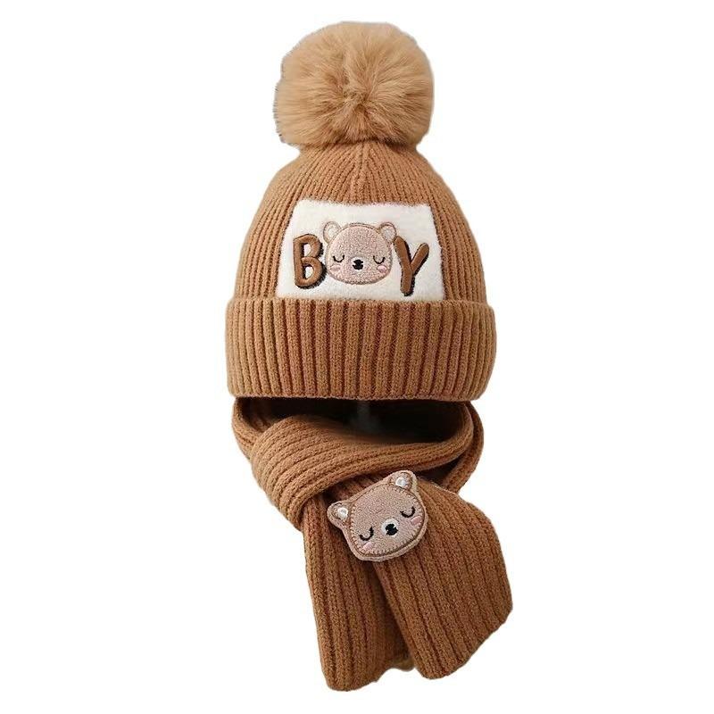 Autumn and winter children's hat boy bear wool hat girl knitted cotton warm baby hat scarf two-piece set