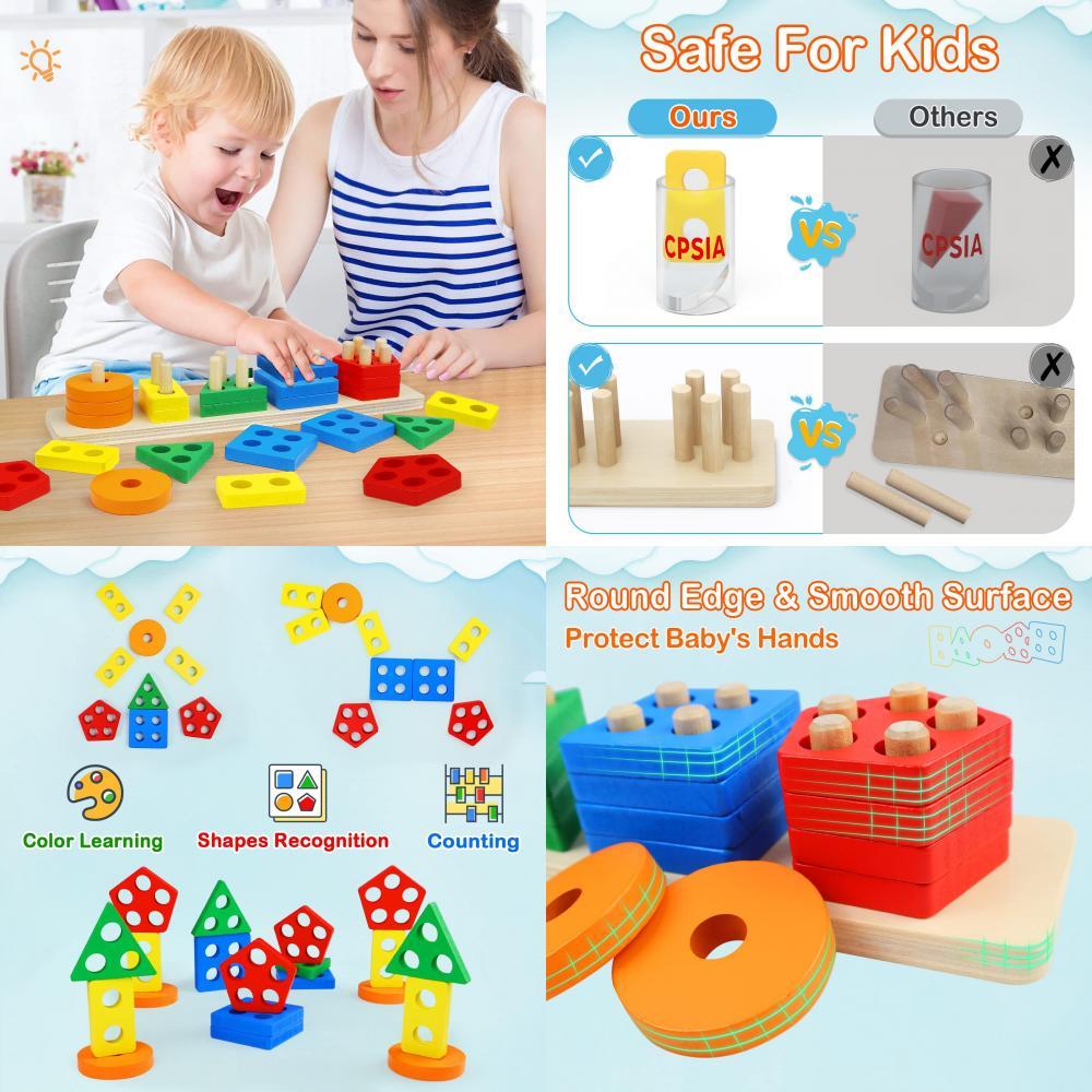 Wooden Geometric Shape Sorting Stacking Early Education Toy For Toddlers Color Recognition And Cognitive Development