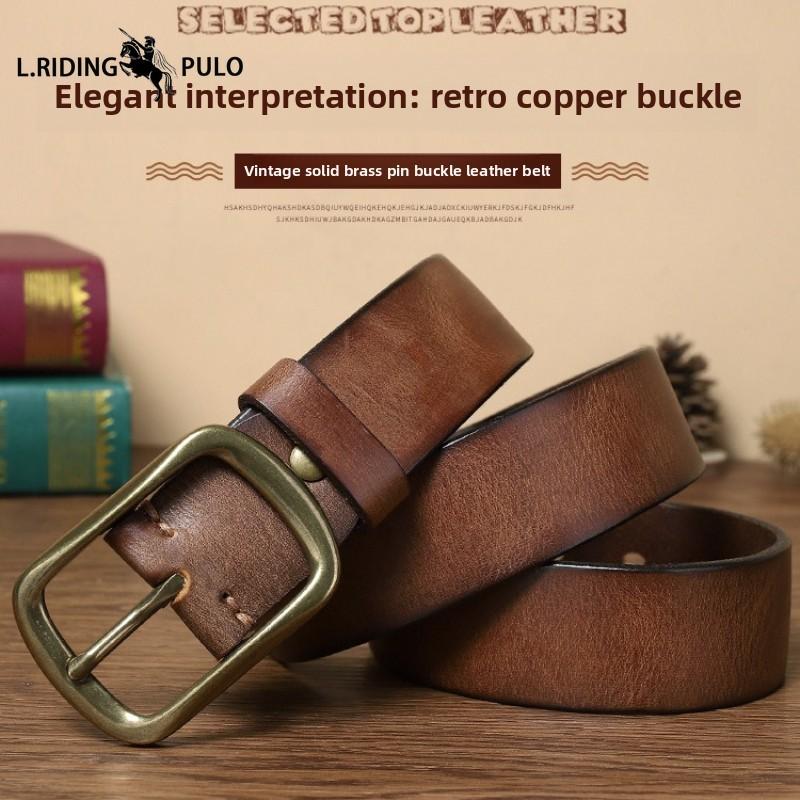 Cintura Pieghettata All-match Rilievo Colore Ruggine Fibbia in Rame Fatta a Mano Stile Retrò Uomo Pelle Tendenza Fibbia ad Ardiglione Vera Pelle Bovina Cintura per Pantaloni Giovani e di Mezza Età