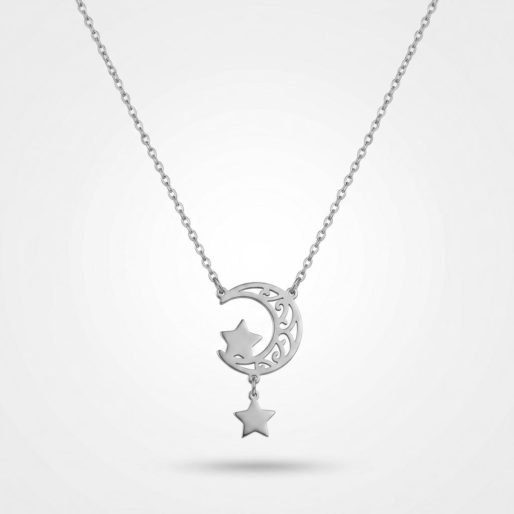 QIAOREN 11952 Elegant Boho Celestial Moon Star Pendant Necklace Gold Stainless Steel Hollow Filigree Jewelry Gift for Women