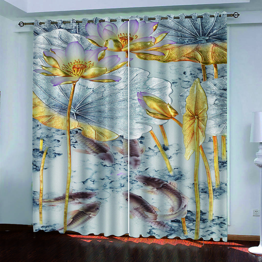 Vintage Curtain 3D Plants Lotus Leaves Lotus Flowers Animals Carp Window Curtains For Living Room Bedroom Decor 2 Pieces